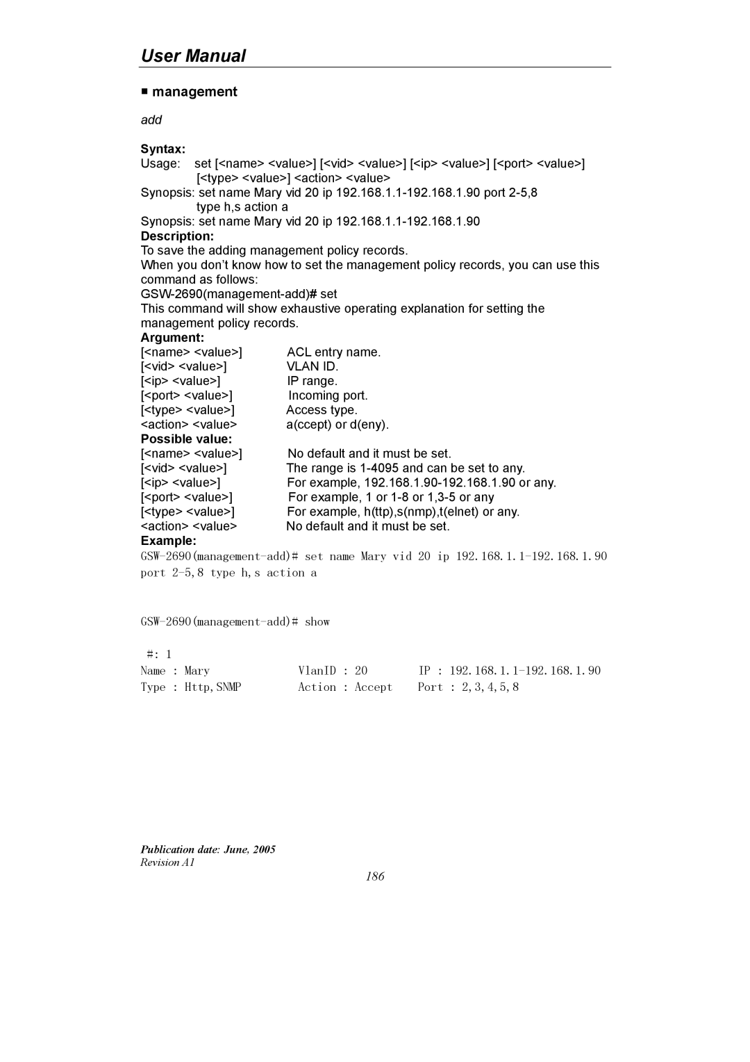 LevelOne GSW-2690 user manual Name value ACL entry name Vid value 