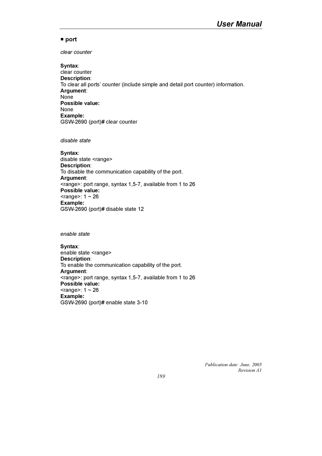 LevelOne GSW-2690 user manual Port, Syntax clear counter Description, Possible value range 1 ~ Example 