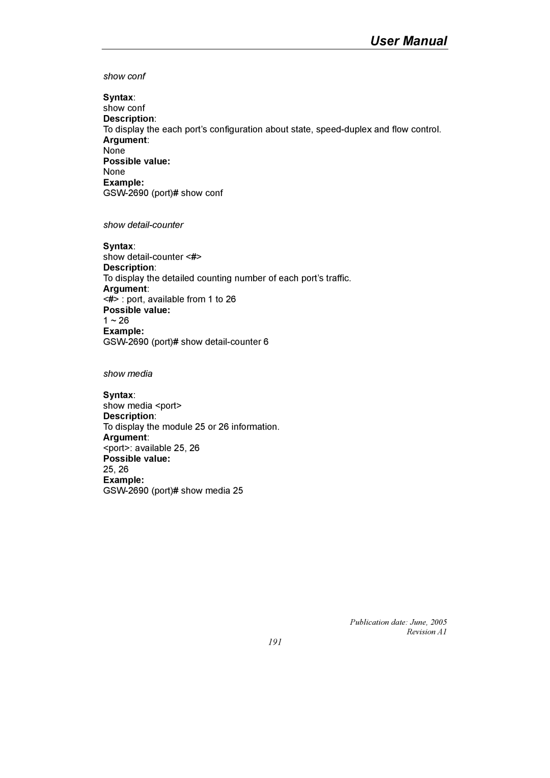 LevelOne GSW-2690 user manual Syntax show conf Description, Possible value Example 