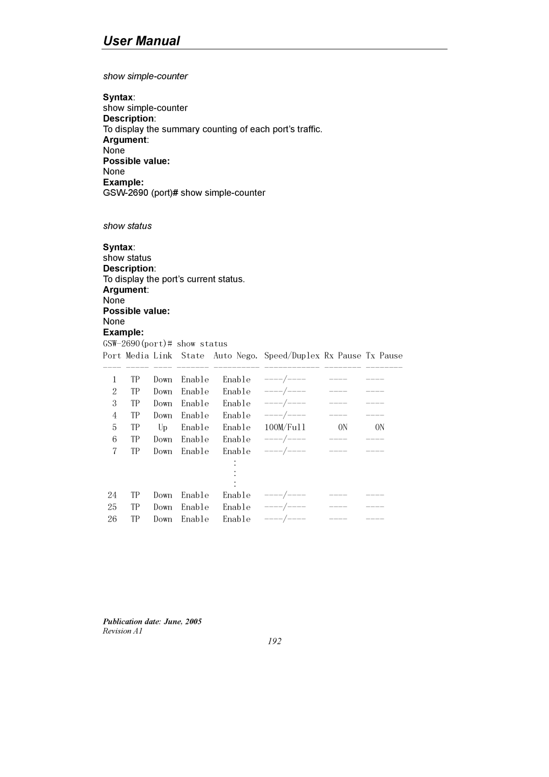 LevelOne GSW-2690 user manual Syntax show status Description, Argument 