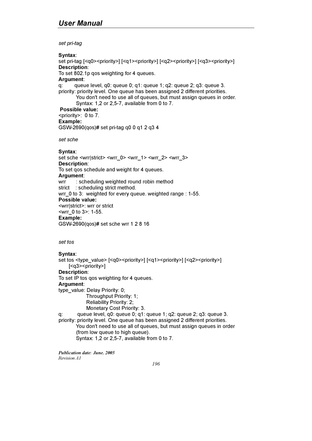 LevelOne GSW-2690 user manual Possible value wrrstrict wrr or strict wrr0 to 3 Example, Description 