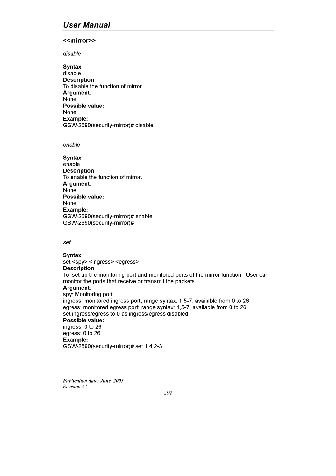 LevelOne GSW-2690 user manual Mirror, Possible value ingress 0 to 26 egress 0 to 