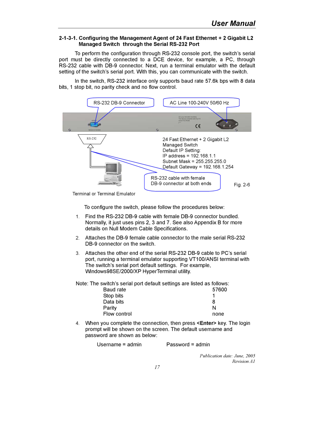 LevelOne GSW-2690 user manual RS-232 DB-9 Connector AC Line 100-240V 50/60 Hz 