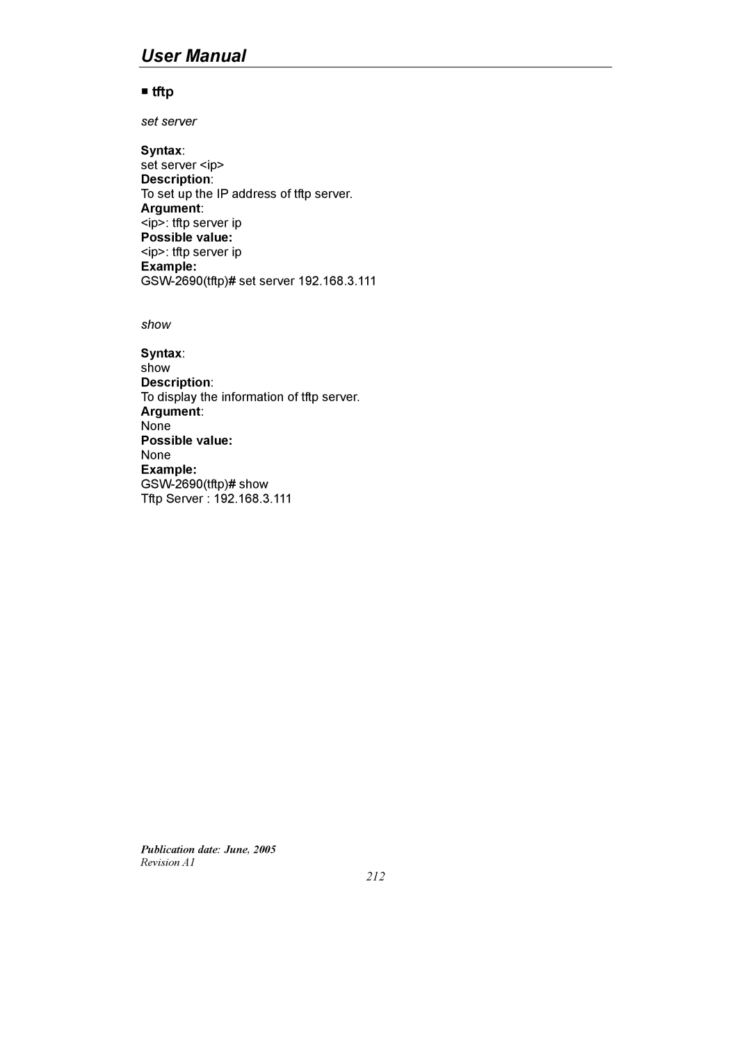 LevelOne GSW-2690 user manual Tftp, Possible value ip tftp server ip Example 