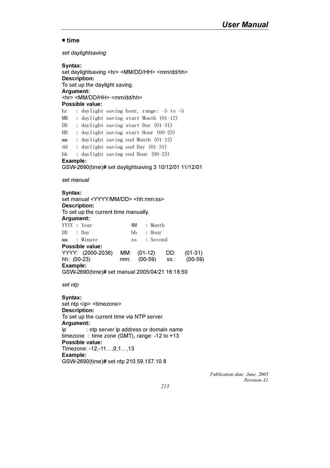 LevelOne GSW-2690 user manual Time, Hr daylight saving hour, range -5 to +5 