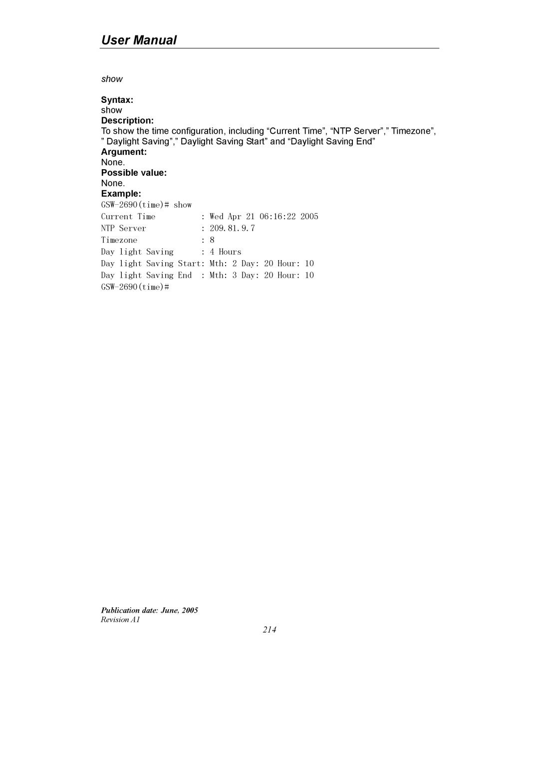 LevelOne GSW-2690 user manual Possible value None Example, Ntp 