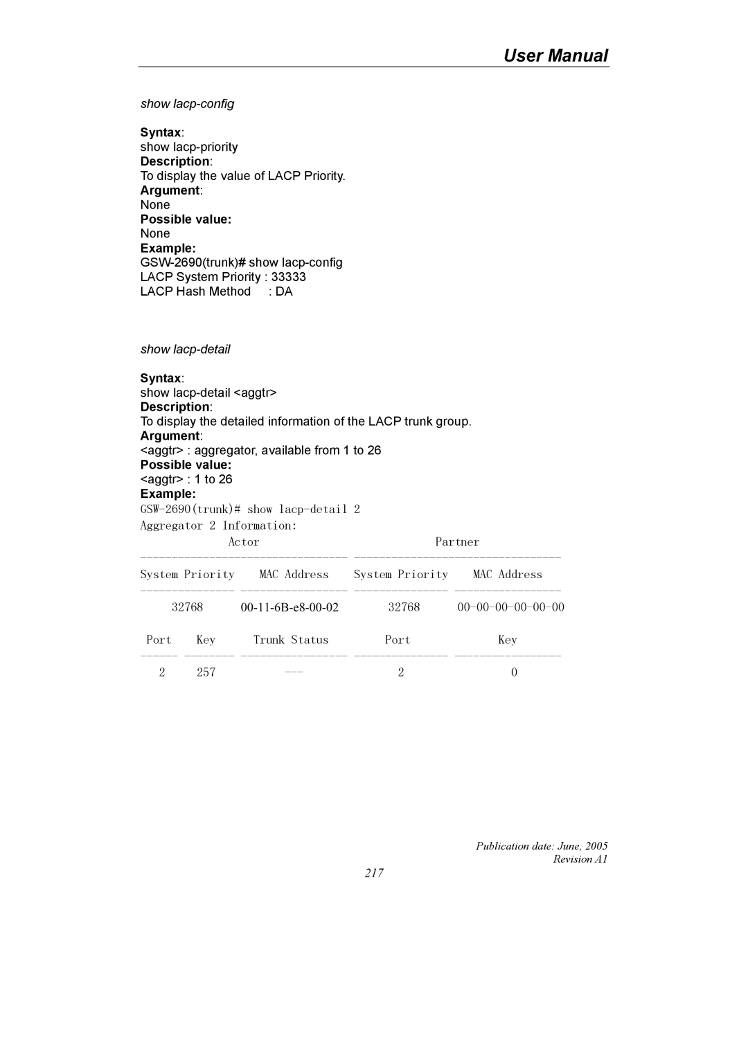 LevelOne GSW-2690 user manual Possible value aggtr 1 to Example 