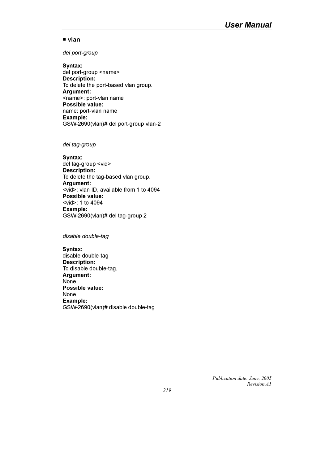 LevelOne GSW-2690 user manual Vlan, Possible value name port-vlan name Example 