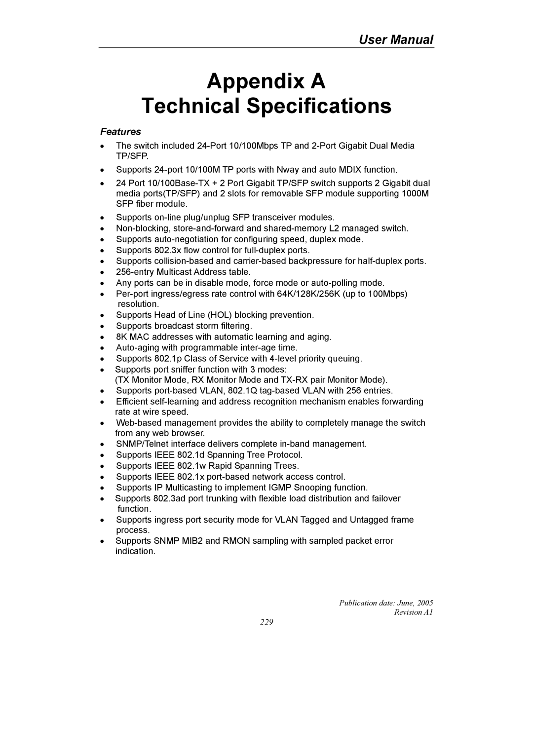 LevelOne GSW-2690 user manual Appendix a Technical Specifications 