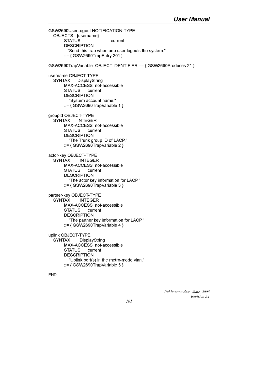 LevelOne GSW-2690 user manual Uplink ports in the metro-mode vlan. = GSW2690TrapVariable 