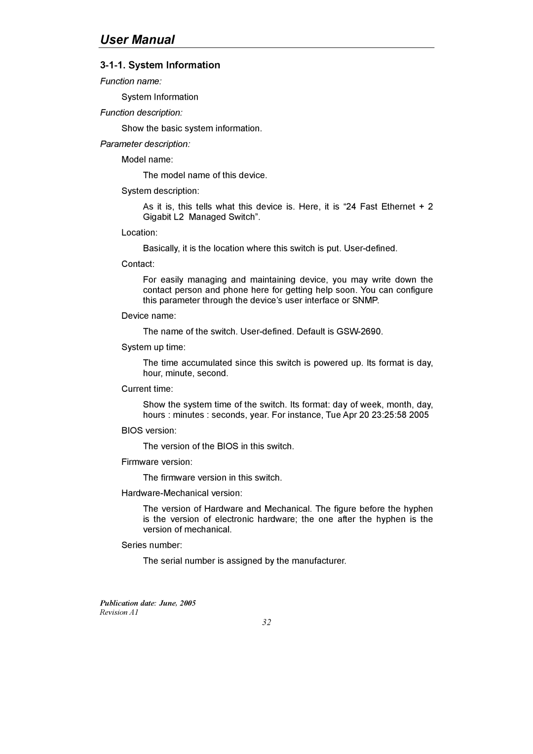 LevelOne GSW-2690 user manual System Information, Parameter description 