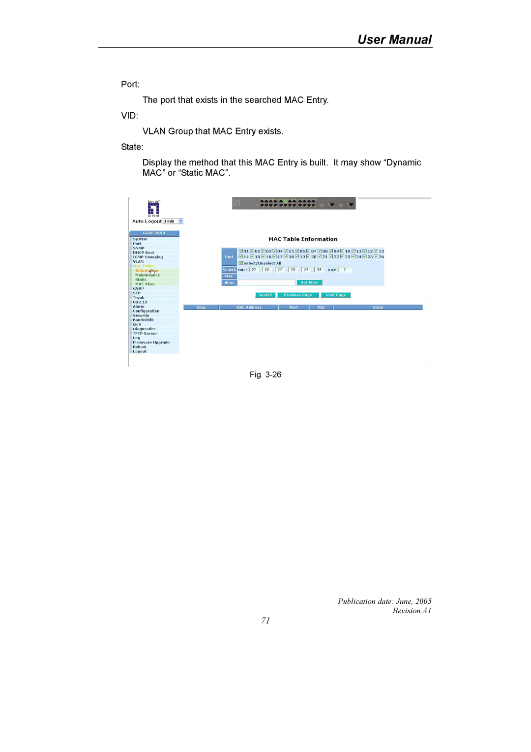 LevelOne GSW-2690 user manual Port Port that exists in the searched MAC Entry 