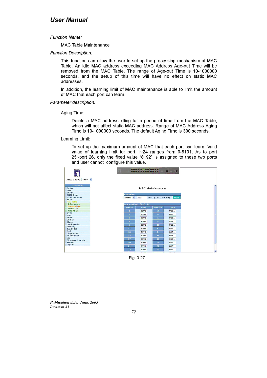 LevelOne GSW-2690 user manual MAC Table Maintenance 