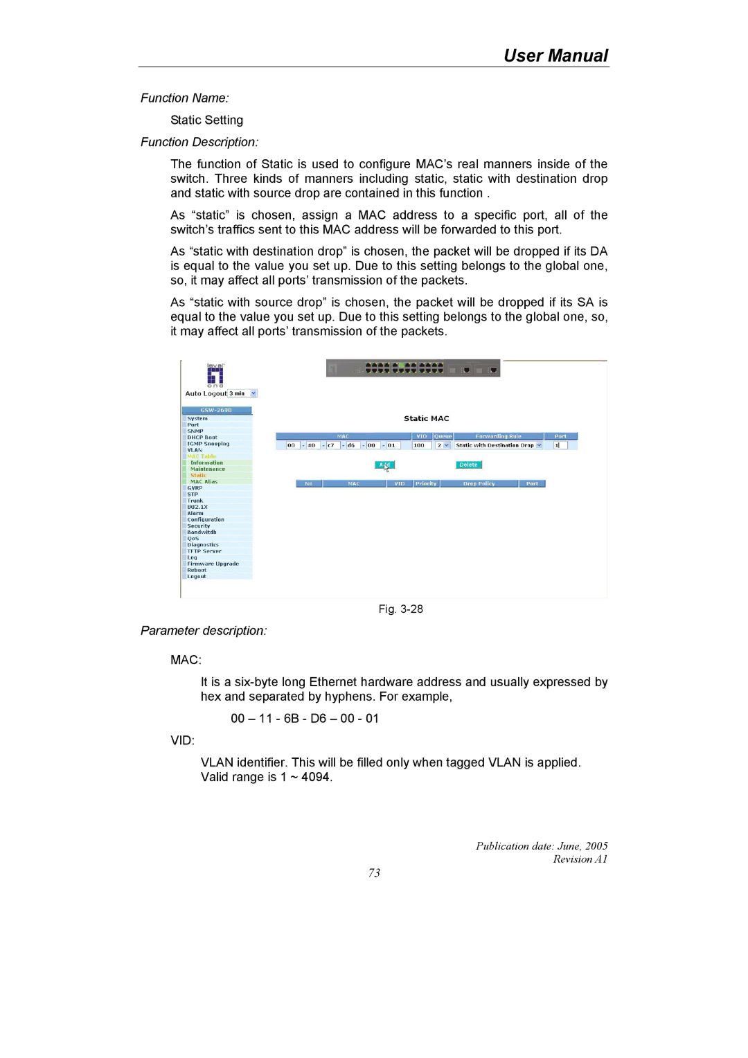 LevelOne GSW-2690 user manual Static Setting 