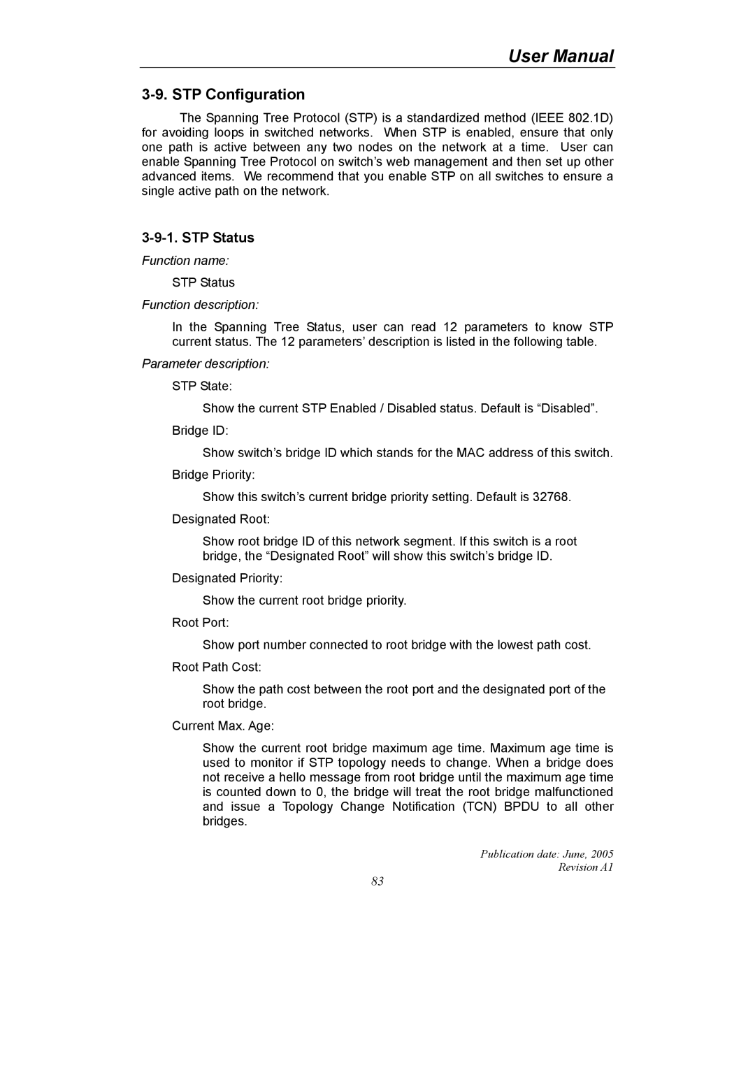 LevelOne GSW-2690 user manual STP Configuration, STP Status 