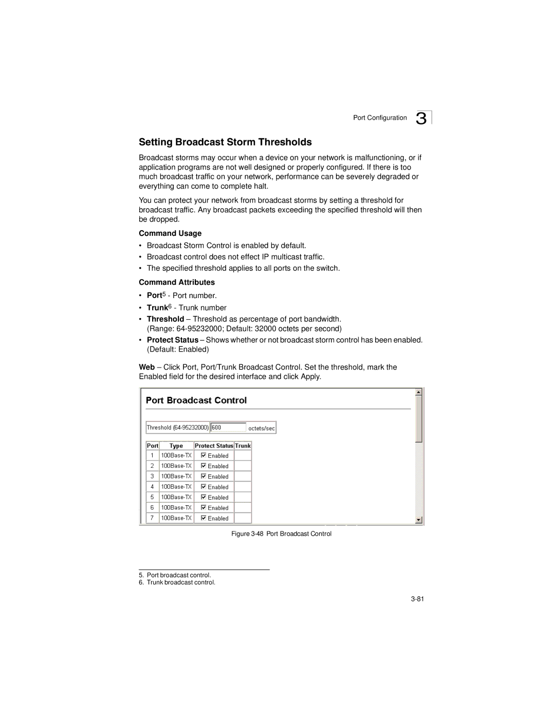 LevelOne GSW-2692 manual Setting Broadcast Storm Thresholds, Port Broadcast Control 