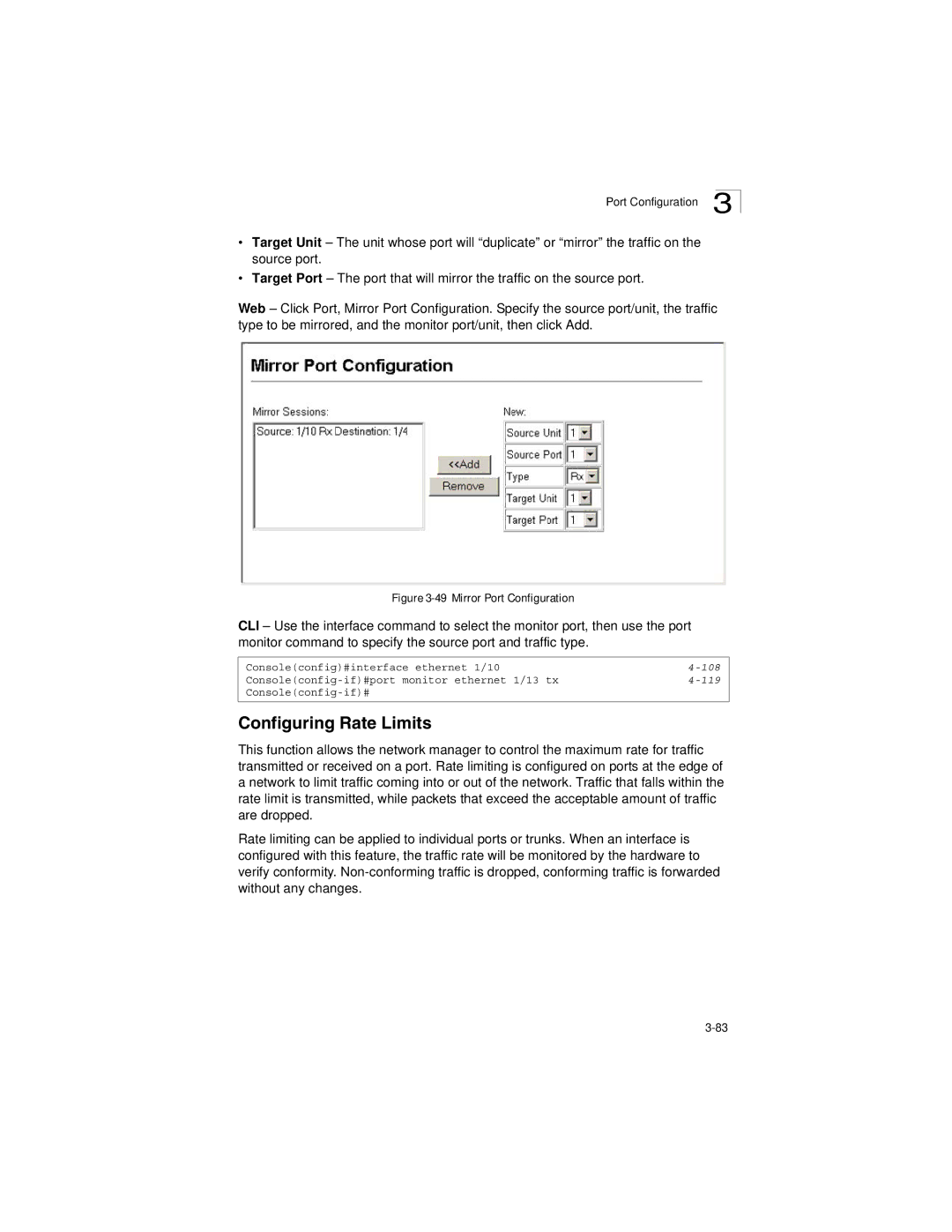 LevelOne GSW-2692 manual Configuring Rate Limits, Mirror Port Configuration 