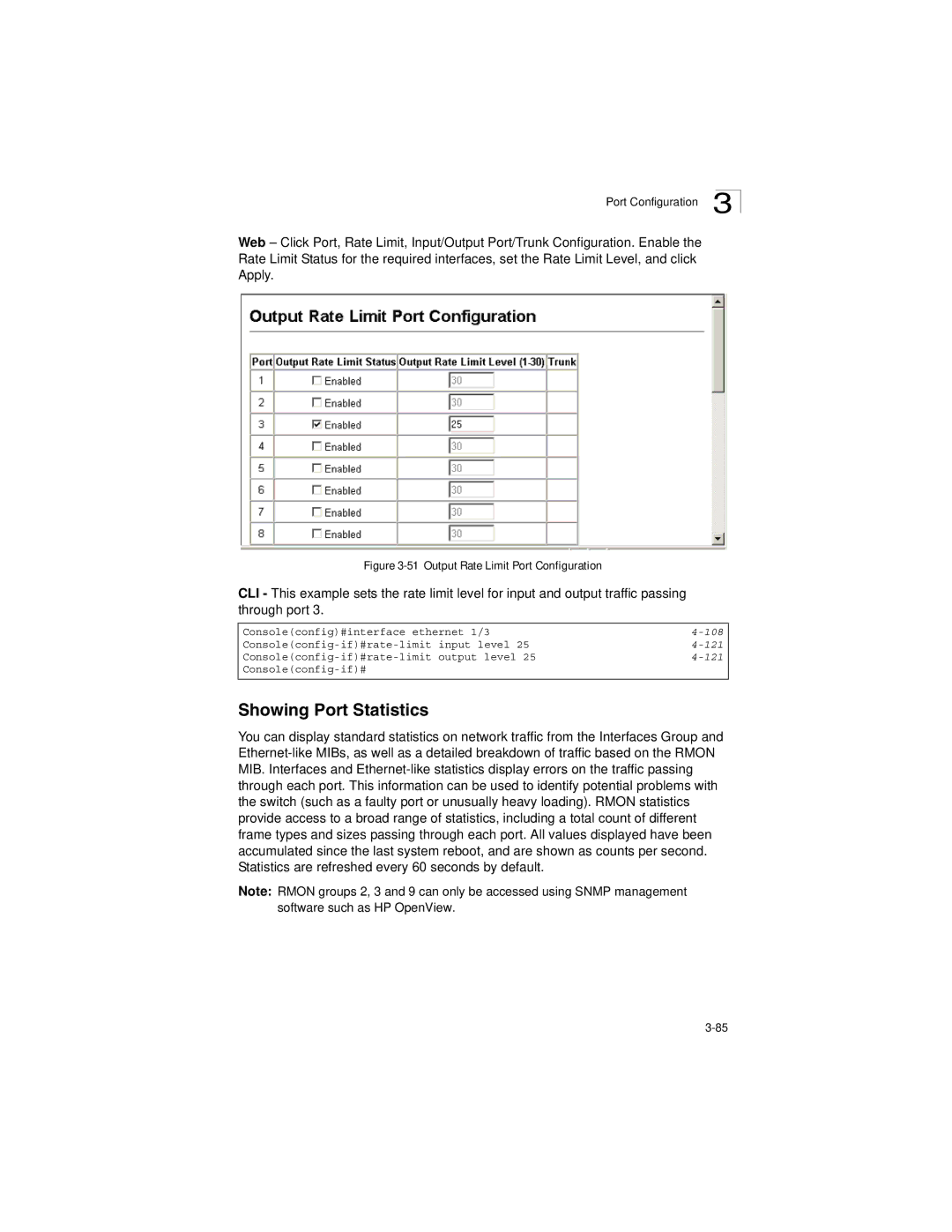 LevelOne GSW-2692 manual Showing Port Statistics, Output Rate Limit Port Configuration 