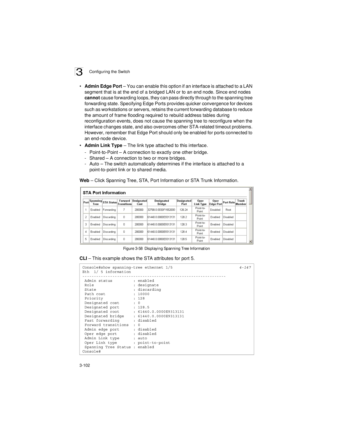 LevelOne GSW-2692 manual Displaying Spanning Tree Information, CLI This example shows the STA attributes for port 