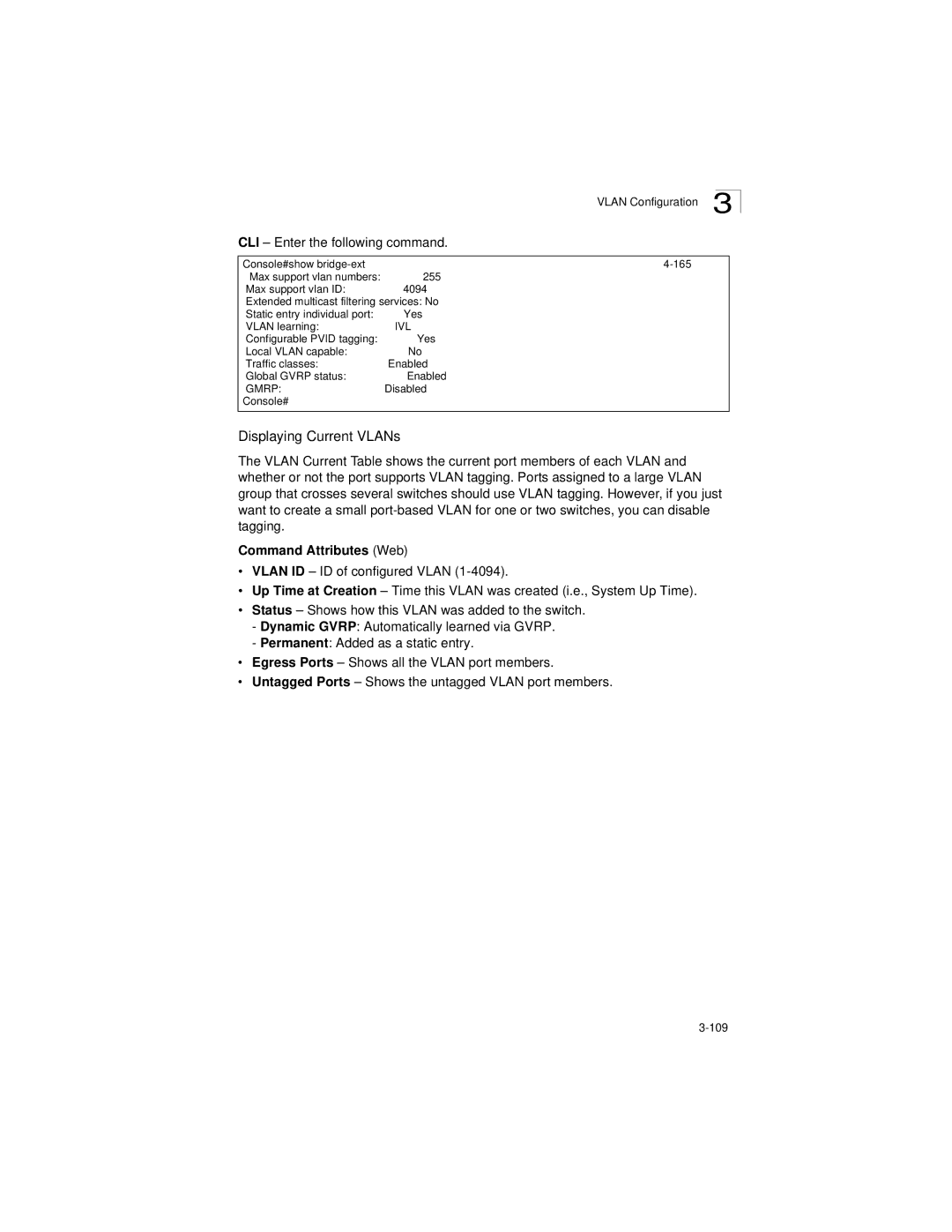 LevelOne GSW-2692 manual Displaying Current VLANs, Command Attributes Web 