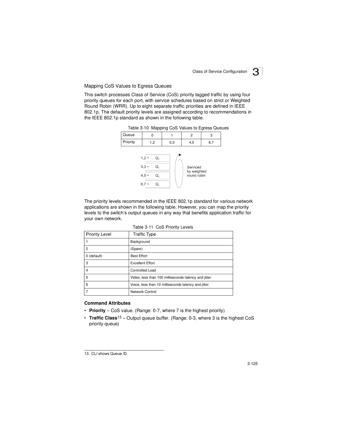 LevelOne GSW-2692 manual Mapping CoS Values to Egress Queues, CoS Priority Levels, Priority Level Traffic Type 