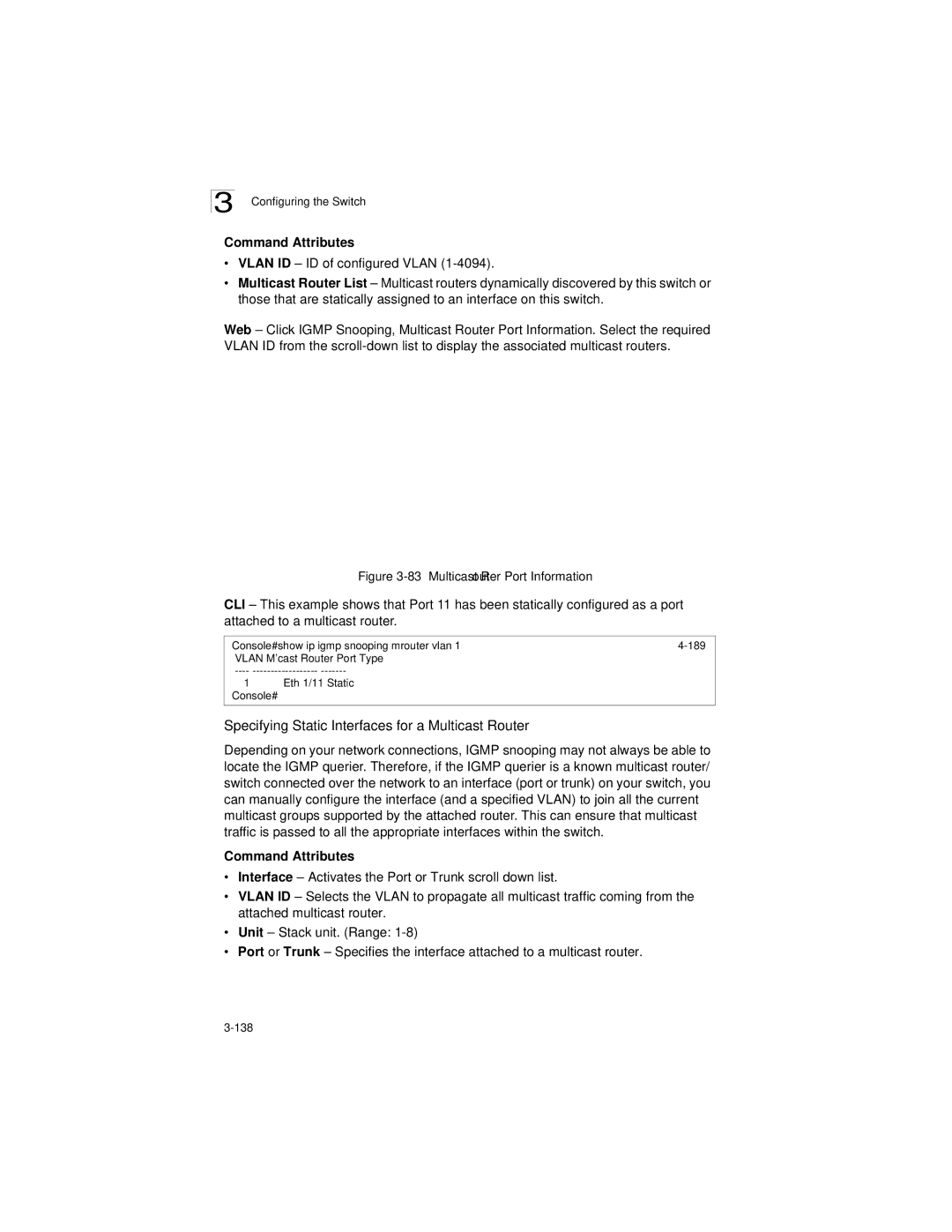 LevelOne GSW-2692 manual Specifying Static Interfaces for a Multicast Router, Multicast Router Port Information 