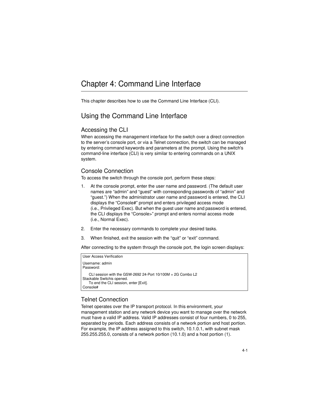 LevelOne GSW-2692 manual Using the Command Line Interface, Accessing the CLI, Telnet Connection 