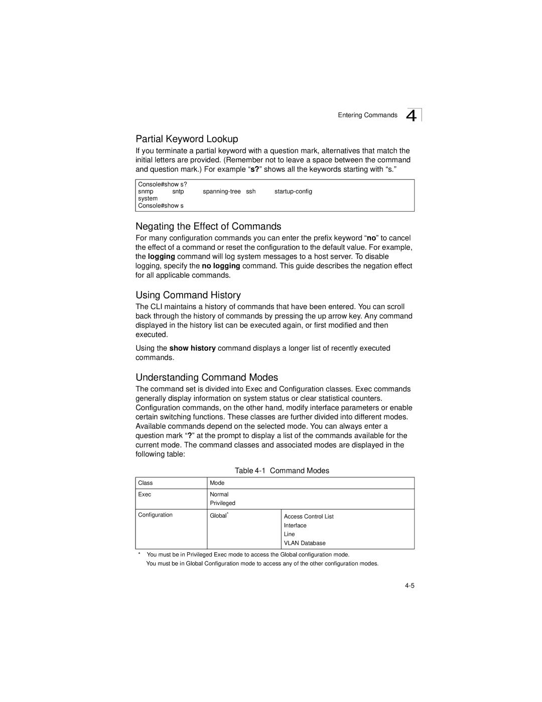 LevelOne GSW-2692 manual Partial Keyword Lookup, Negating the Effect of Commands, Using Command History, Command Modes 