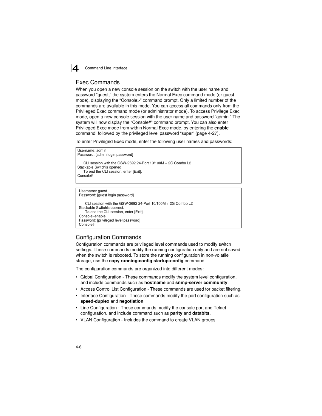 LevelOne GSW-2692 manual Exec Commands, Configuration Commands 