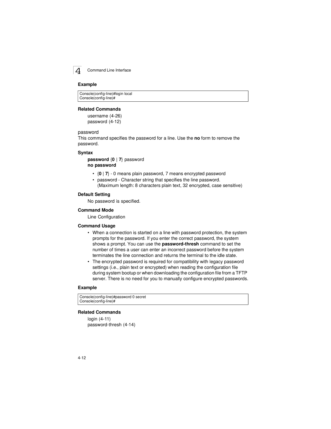 LevelOne GSW-2692 manual Username 4-26 password, Syntax Password 0 7 password no password, No password is specified 