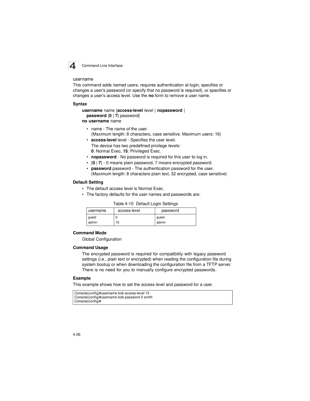 LevelOne GSW-2692 manual Default Login Settings Username Access-level Password, Guest Admin 