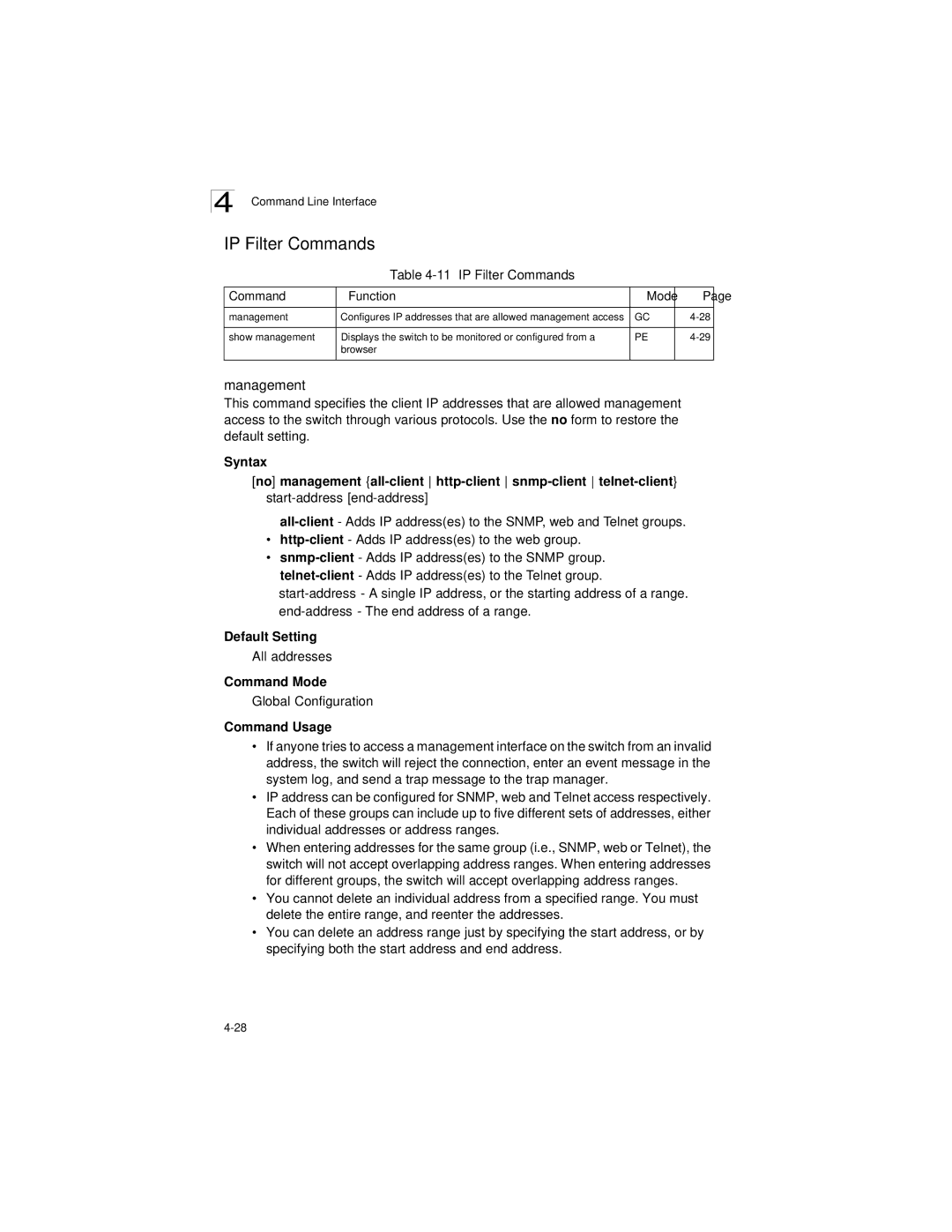 LevelOne GSW-2692 manual Management, IP Filter Commands Function Mode, All addresses 