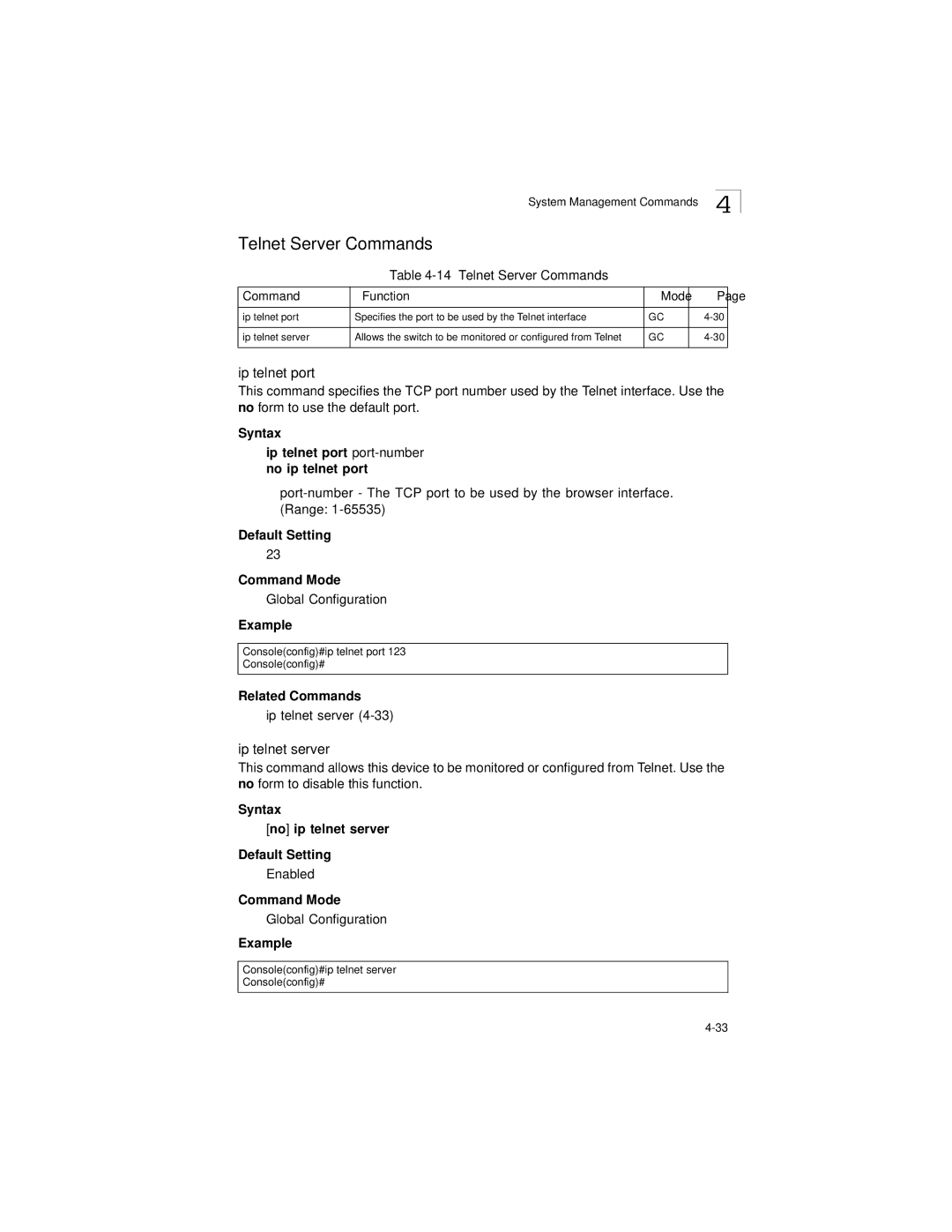 LevelOne GSW-2692 manual Telnet Server Commands, Ip telnet port, Ip telnet server 