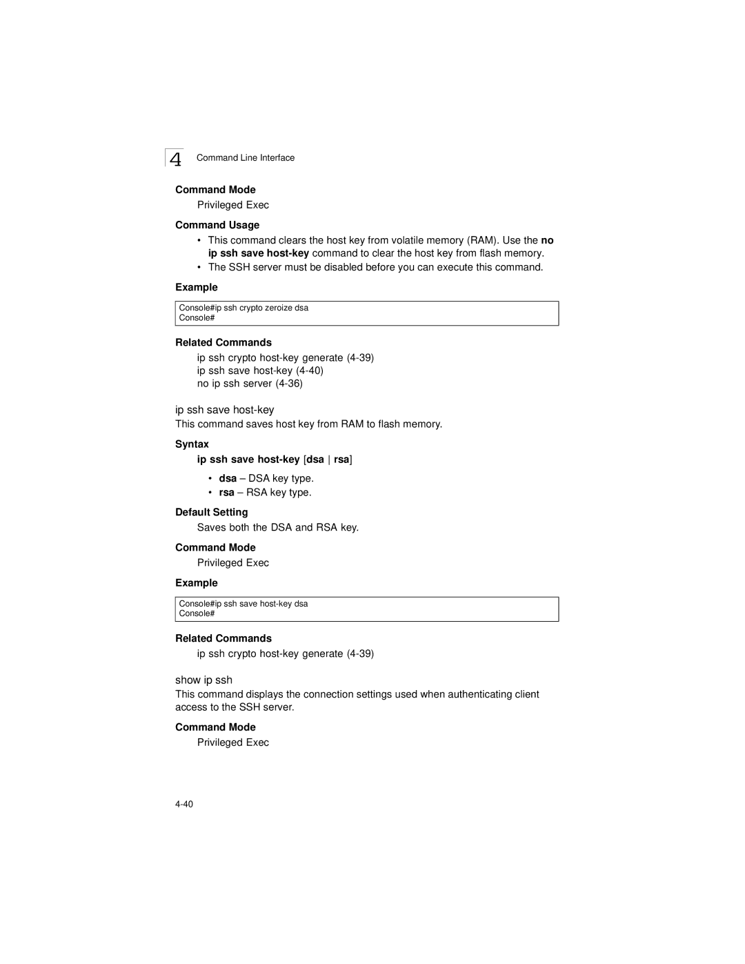 LevelOne GSW-2692 manual Show ip ssh, Syntax Ip ssh save host-key dsa rsa 