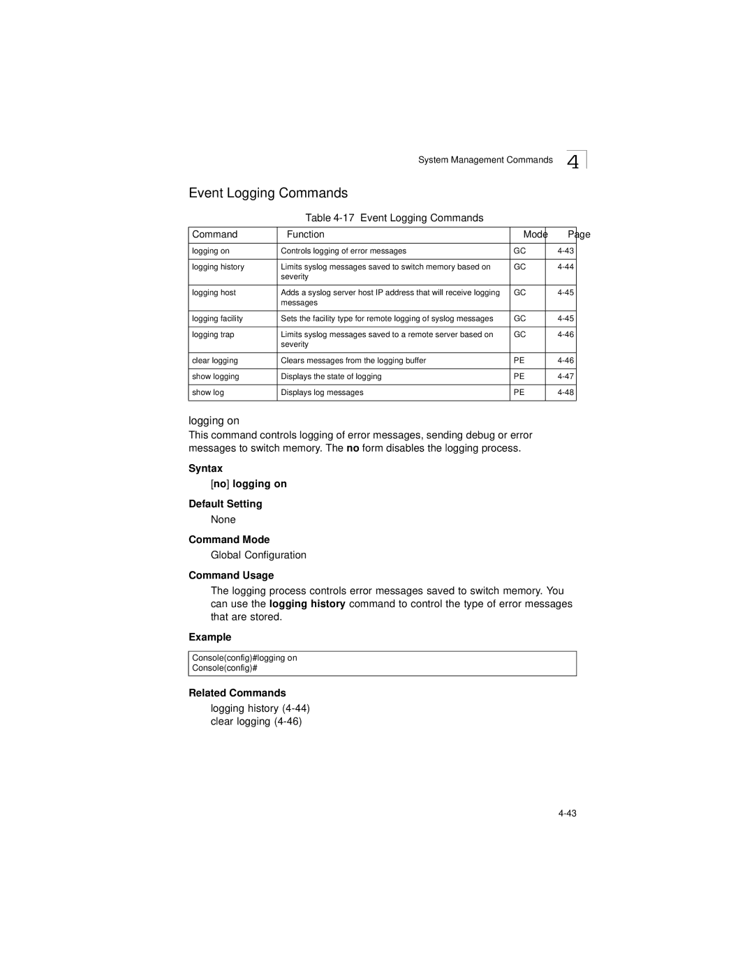 LevelOne GSW-2692 manual Logging on, Event Logging Commands Function Mode, Syntax No logging on Default Setting 