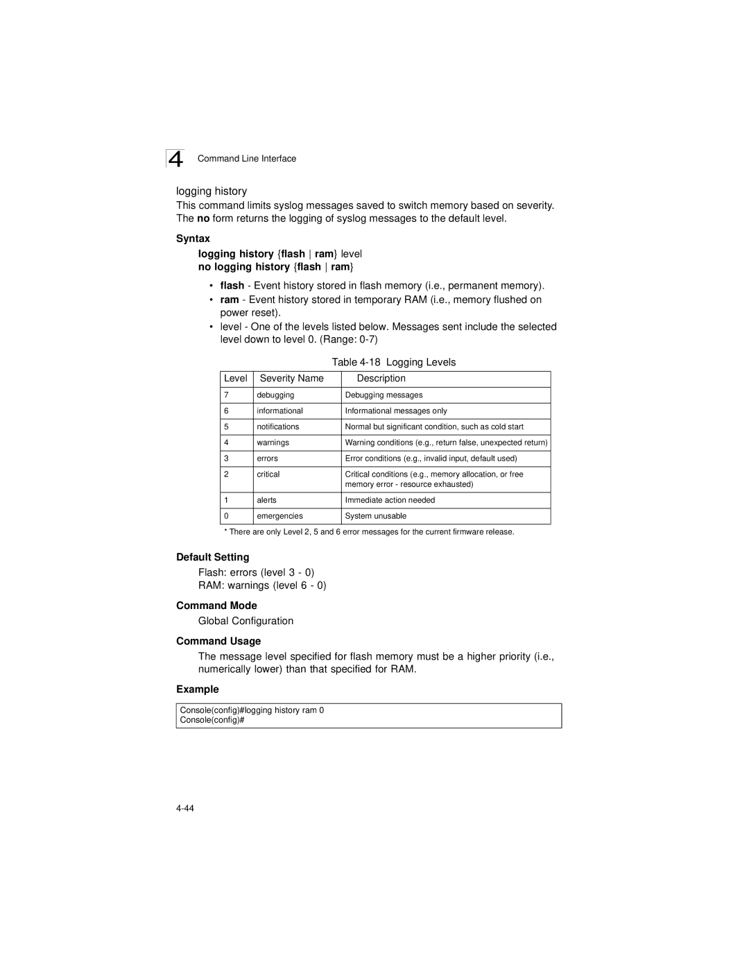 LevelOne GSW-2692 manual Logging history, Logging Levels, Flash errors level 3 RAM warnings level 6 