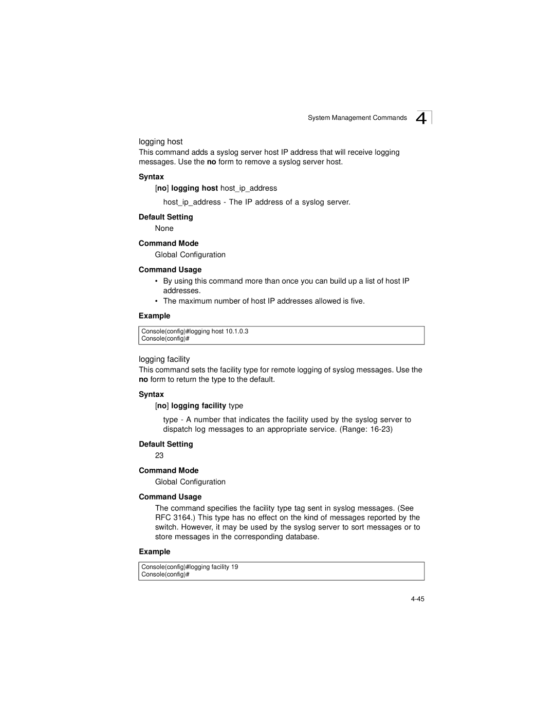 LevelOne GSW-2692 Logging host, Logging facility, Syntax No logging host hostipaddress, Syntax No logging facility type 