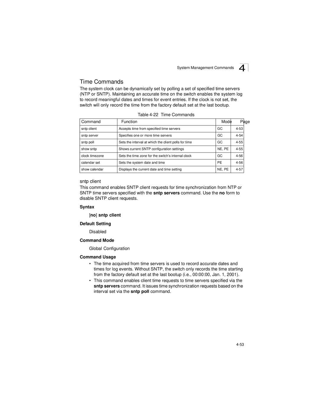 LevelOne GSW-2692 manual Sntp client, Time Commands Function Mode, Syntax No sntp client Default Setting 