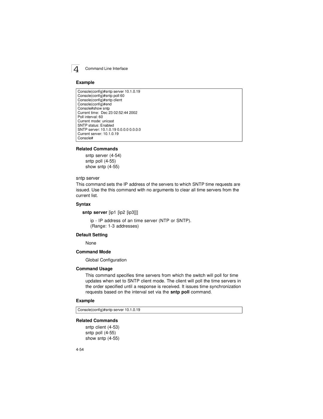 LevelOne GSW-2692 manual Sntp server 4-54 sntp poll 4-55 show sntp, Syntax Sntp server ip1 ip2 ip3 