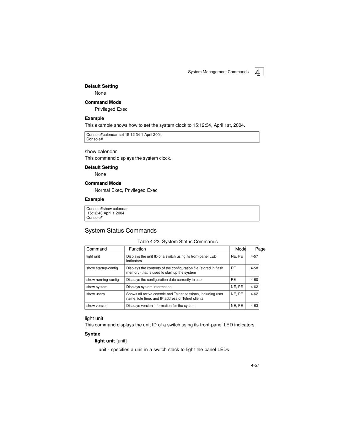 LevelOne GSW-2692 manual Show calendar, System Status Commands Function Mode, Syntax Light unit unit 