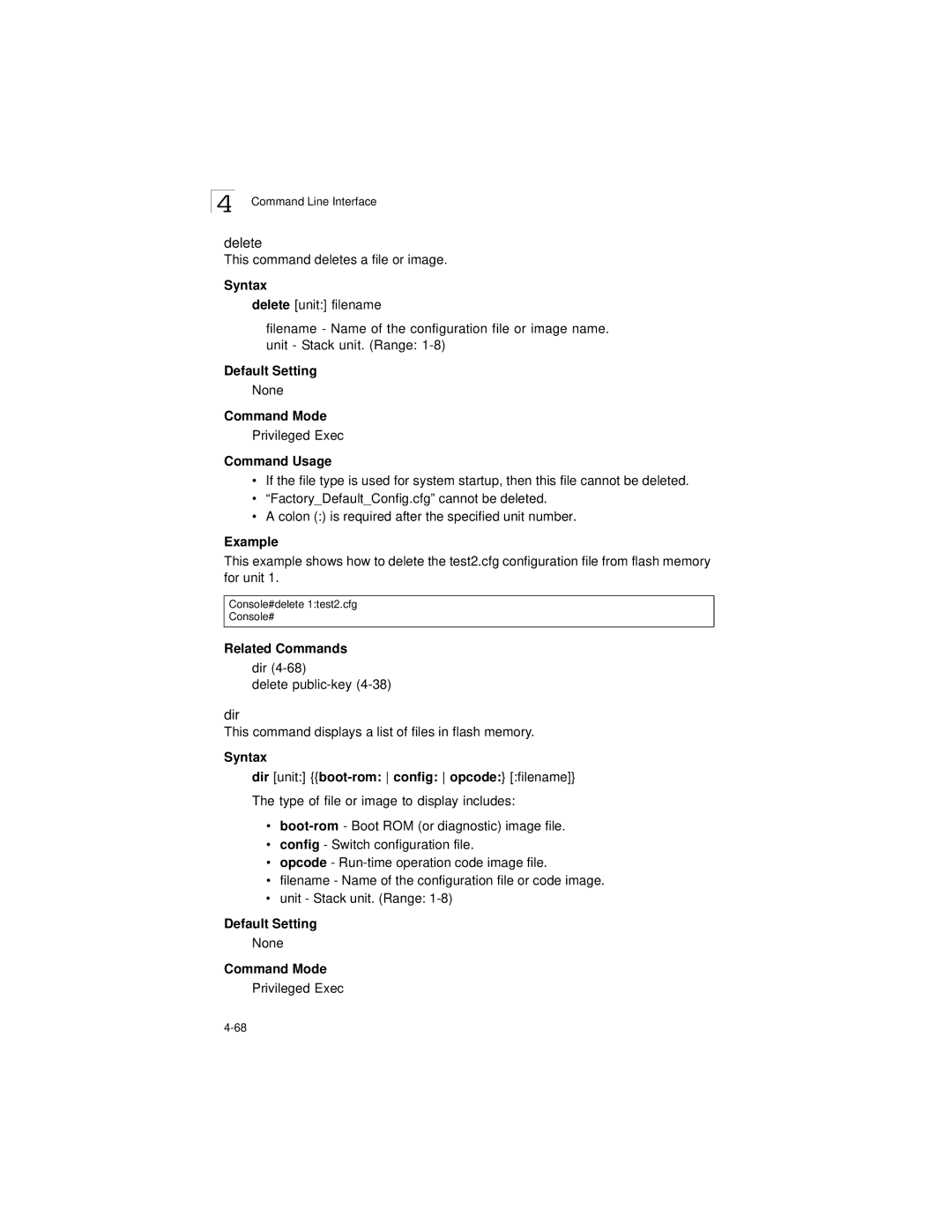 LevelOne GSW-2692 manual Delete, Syntax Dir unit boot-rom config opcode filename 