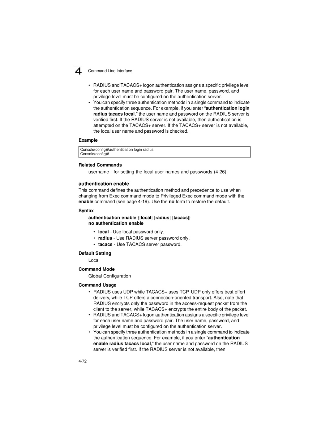 LevelOne GSW-2692 manual Authentication enable, Username for setting the local user names and passwords 