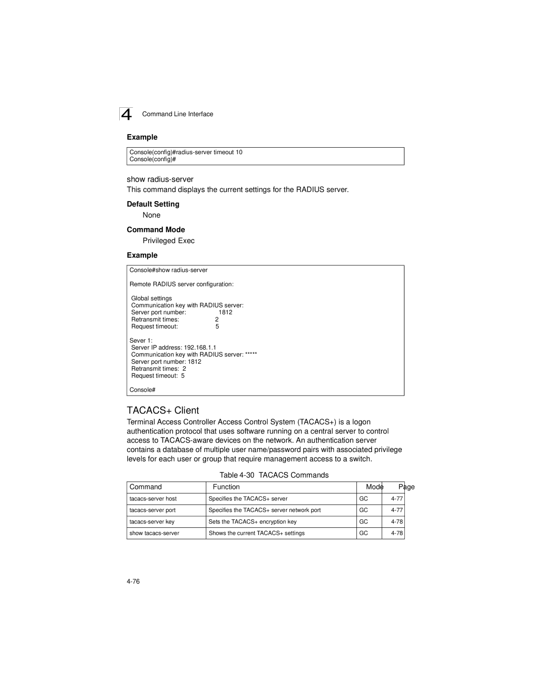 LevelOne GSW-2692 manual TACACS+ Client, Show radius-server, Tacacs Commands Function Mode 