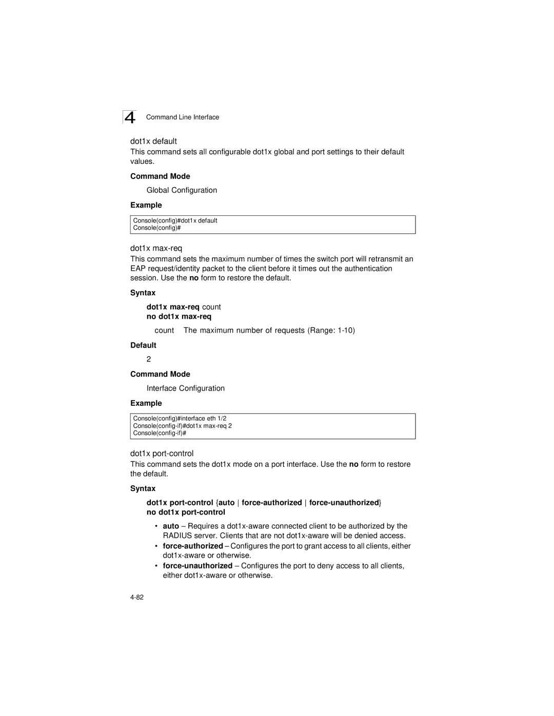 LevelOne GSW-2692 Dot1x default, Dot1x port-control, Syntax Dot1x max-req count no dot1x max-req, Default Command Mode 