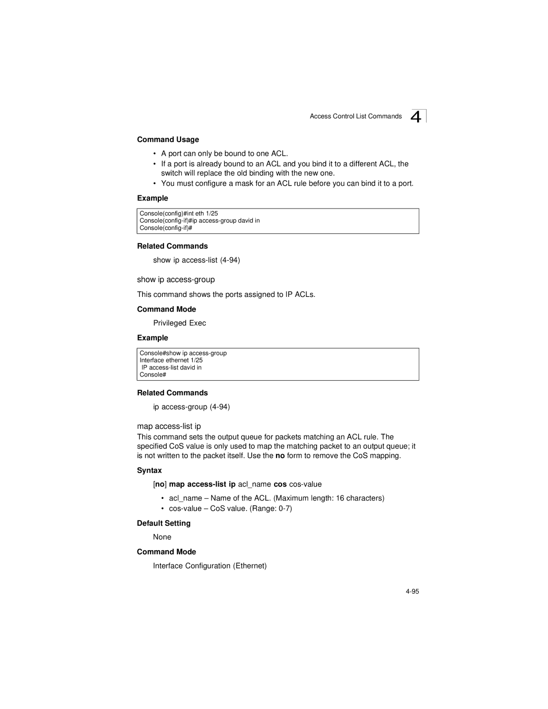 LevelOne GSW-2692 manual Show ip access-group, Map access-list ip, This command shows the ports assigned to IP ACLs 