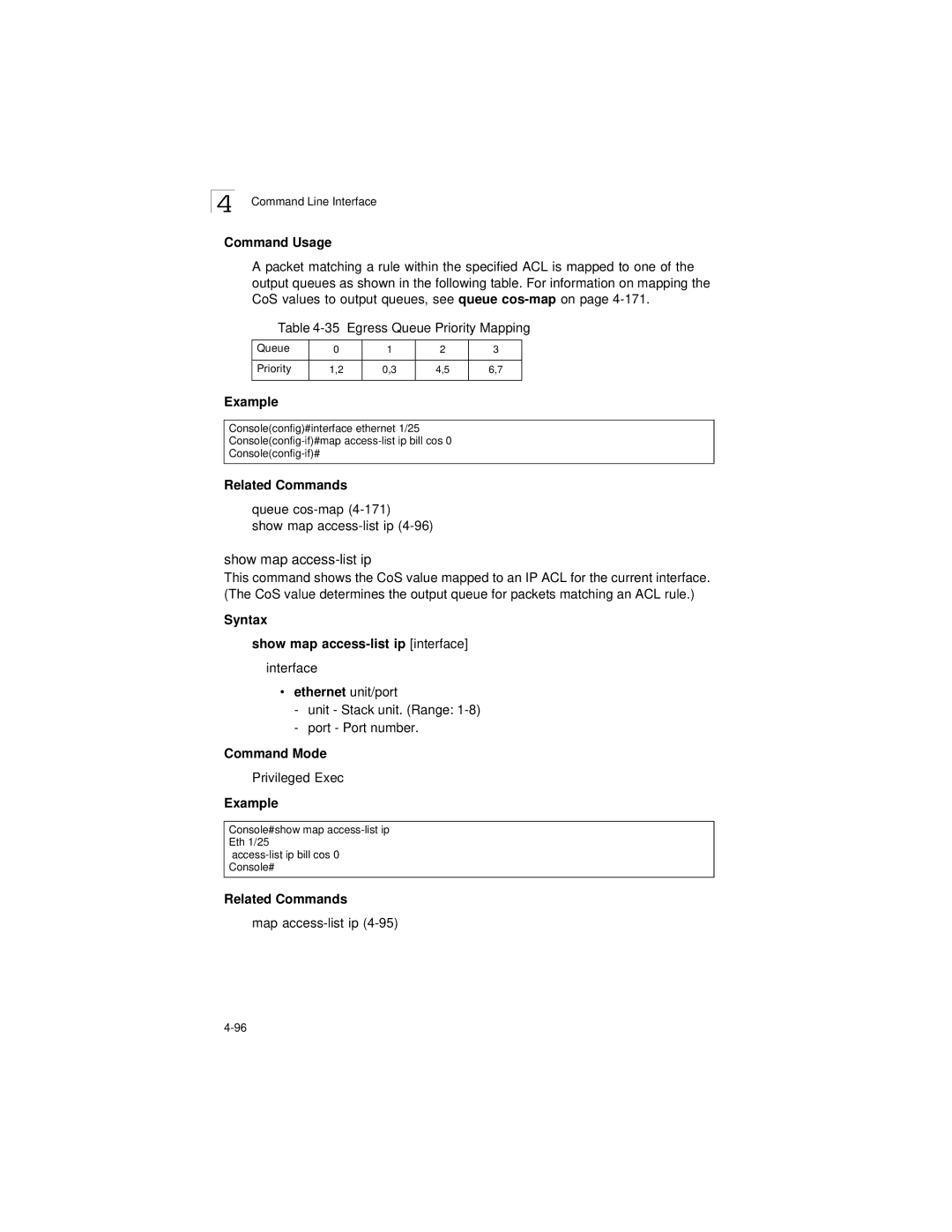 LevelOne GSW-2692 manual Egress Queue Priority Mapping, Queue cos-map Show map access-list ip 