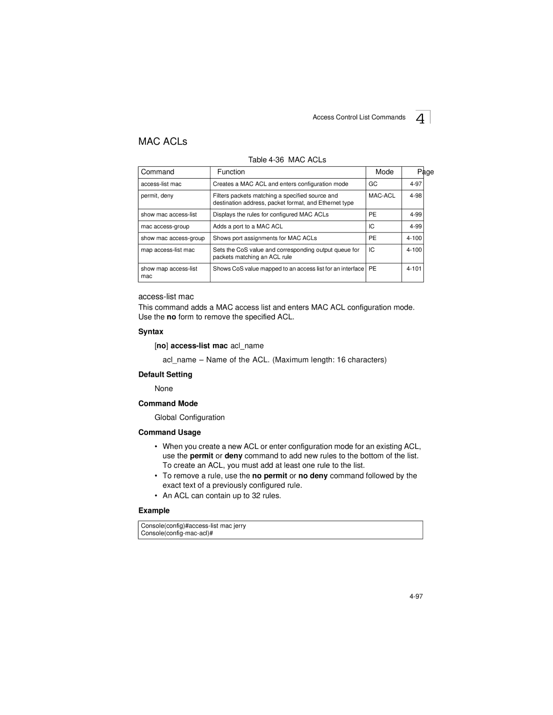 LevelOne GSW-2692 manual Access-list mac, MAC ACLs Command Function Mode, Syntax No access-list mac aclname 