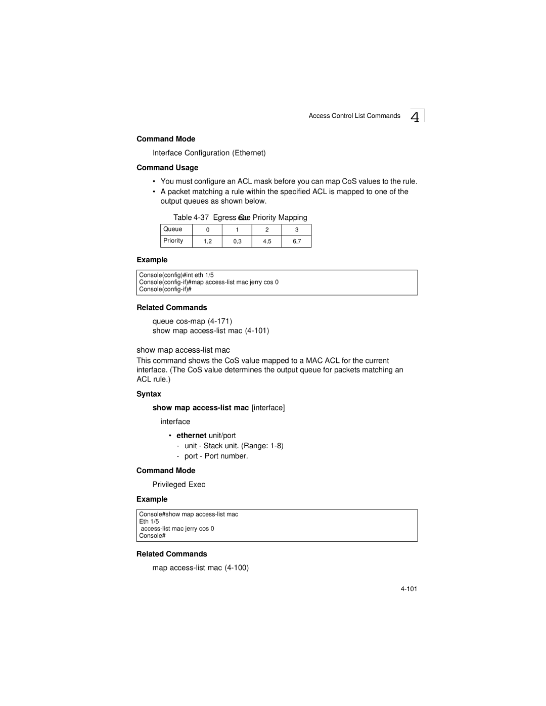 LevelOne GSW-2692 manual Egress Queue Priority Mapping, Queue cos-map Show map access-list mac 