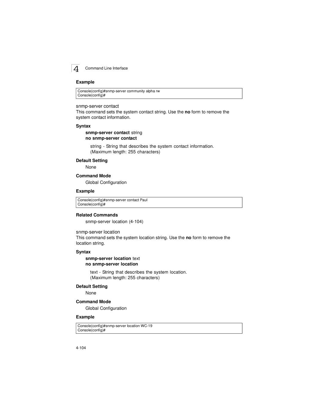 LevelOne GSW-2692 manual Snmp-server location, Syntax Snmp-server contact string no snmp-server contact 