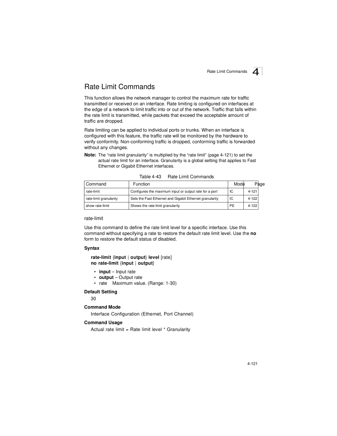 LevelOne GSW-2692 Rate-limit, Rate Limit Commands Function Mode, Actual rate limit = Rate limit level * Granularity 